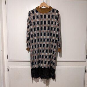 Golden Black Plaid Stretchy Midi Dress Size S Long Sleeves Lace Trim
